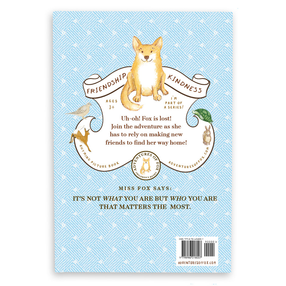 Book cover with a Fox the dog illustration on a blue patterned background including book details.