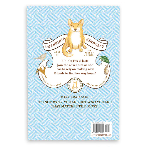 Book cover with a Fox the dog illustration on a blue patterned background including book details.