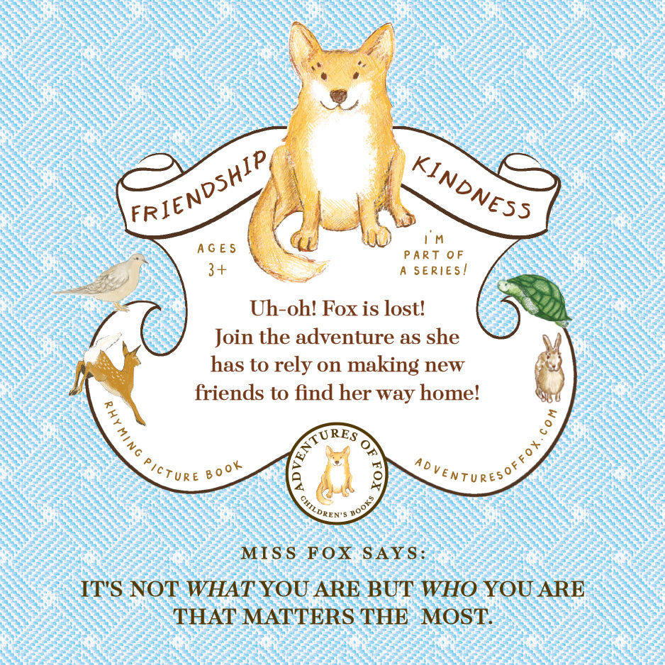 Book cover of 'Adventures of Fox' with a Fox the dog illustration and text on a blue background.