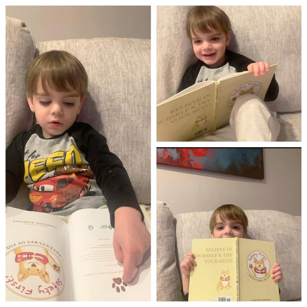 Collage of a young boy reading a Safety First! book on a couch.