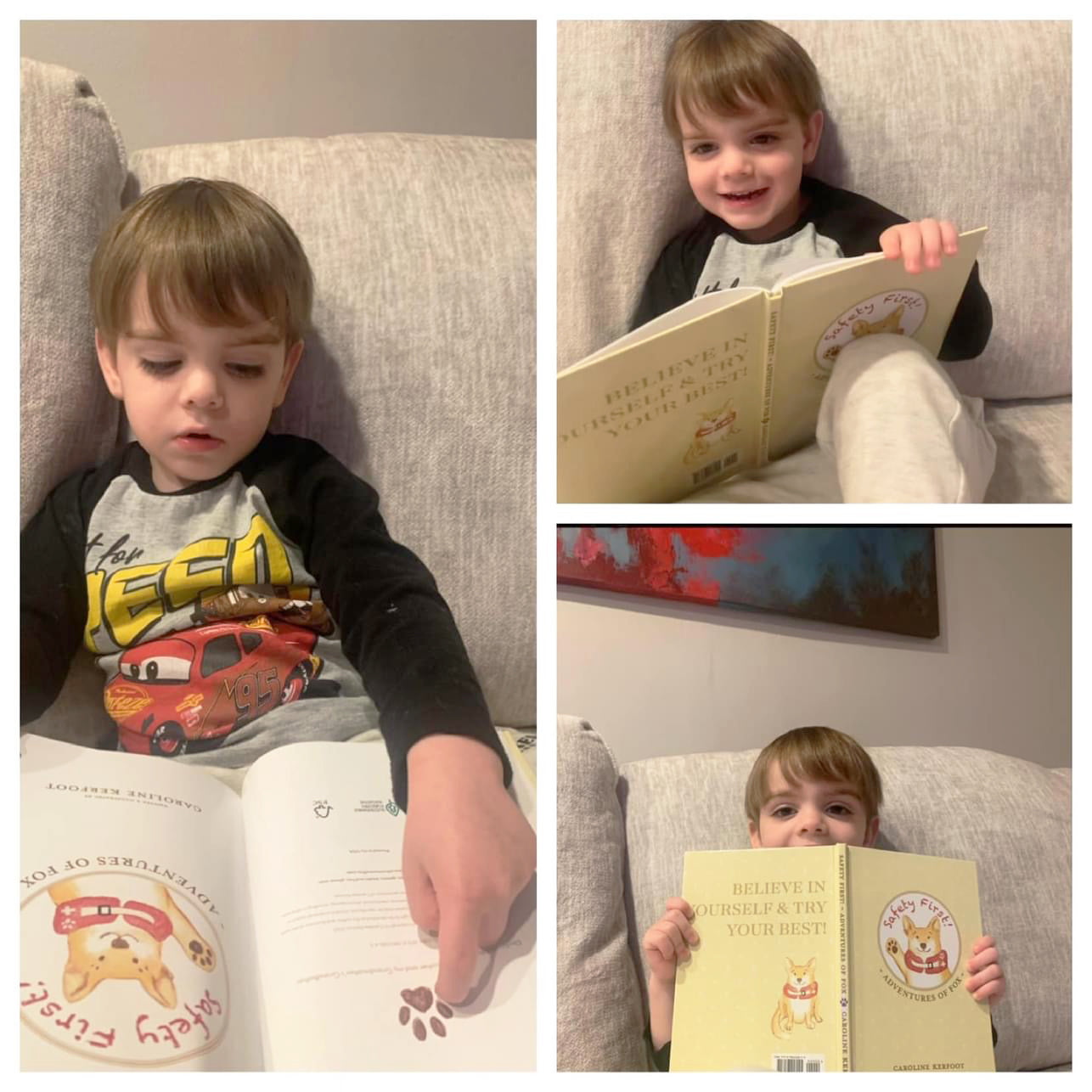 Collage of a young boy reading a Safety First! book on a couch.