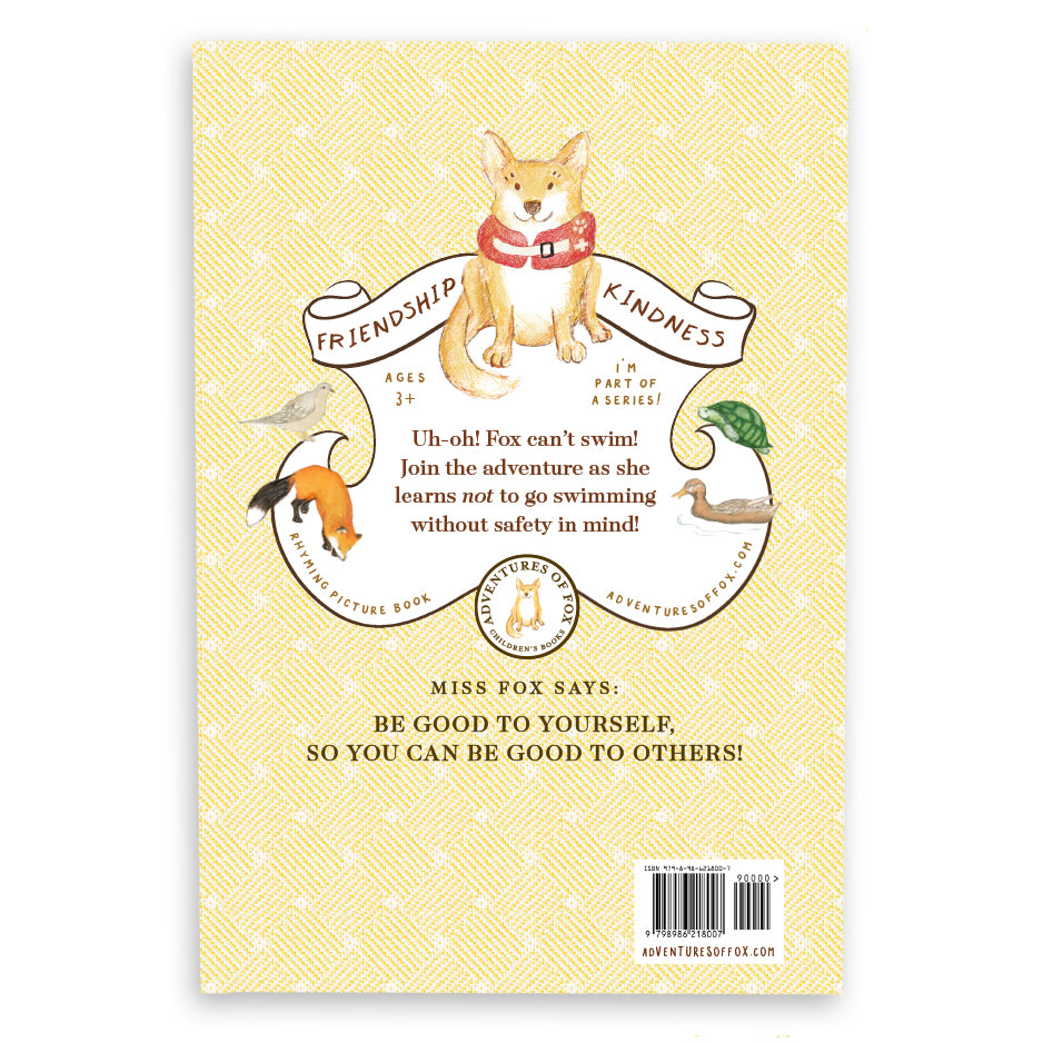 Book cover with Fox the dog illustration and descriptive text on a yellow background