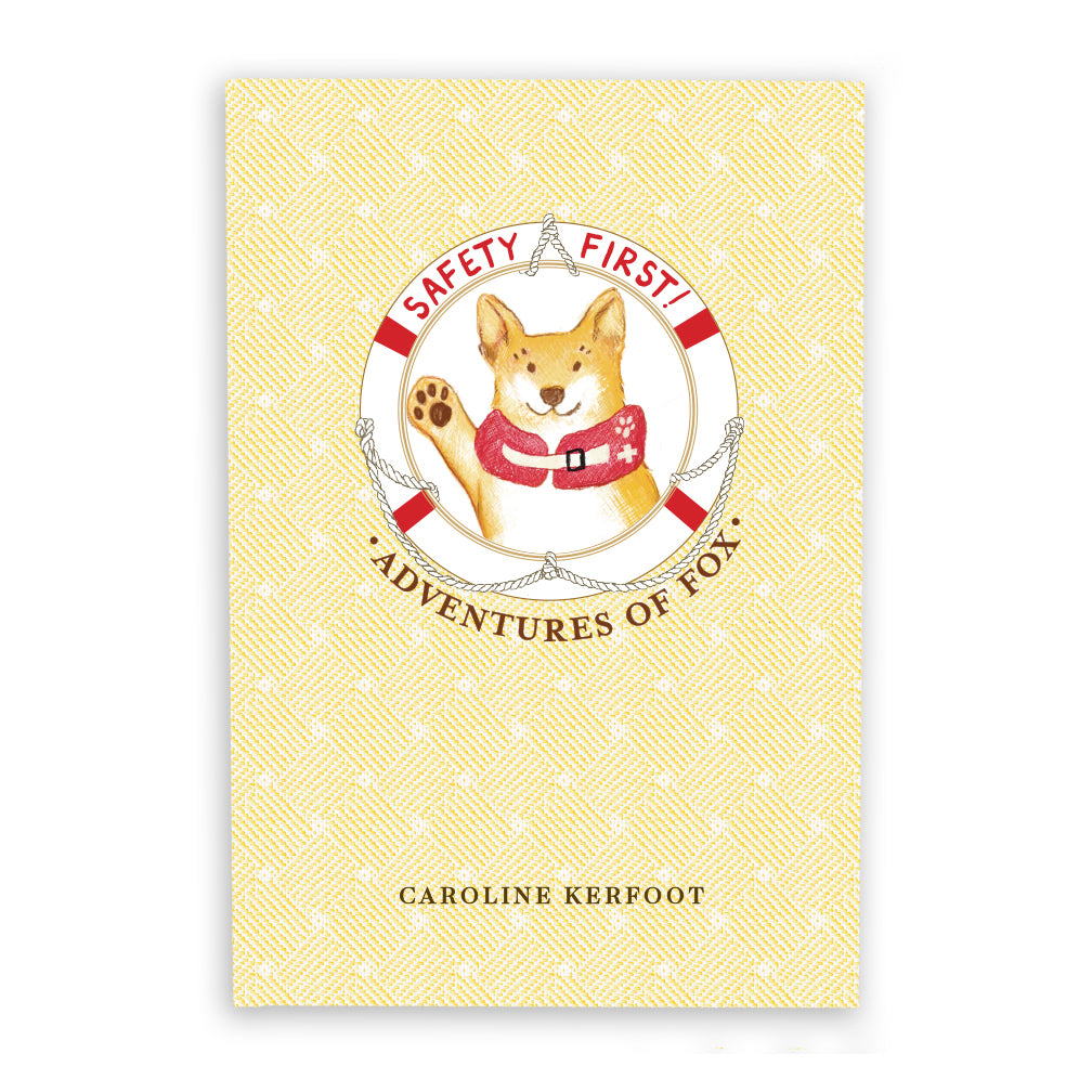 Book cover with Fox the dog illustration and 'Safety First! Adventures of Fox' text on a yellow background