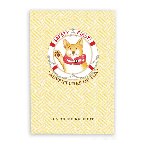 Book cover with Fox the dog illustration and 'Safety First! Adventures of Fox' text on a yellow background