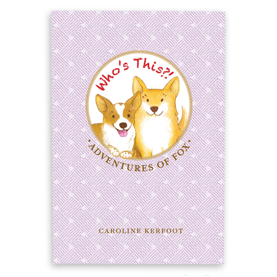 Book cover with two dogs and text 'Who's This?! Adventures of Fox' on a purple patterned background