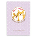 Book cover with two dogs and text 'Who's This?! Adventures of Fox' on a purple patterned background