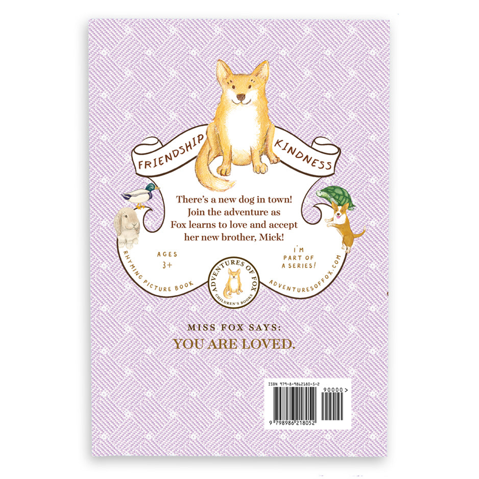 Book cover with a Fox the dog illustration and text on a purple patterned background